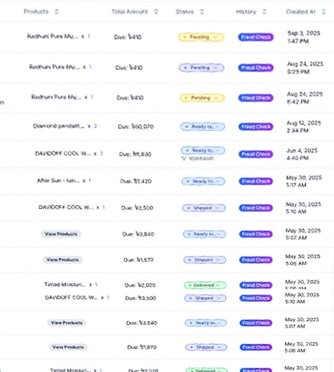 The qCommerz order table with per-order status, courier, and payment columns
