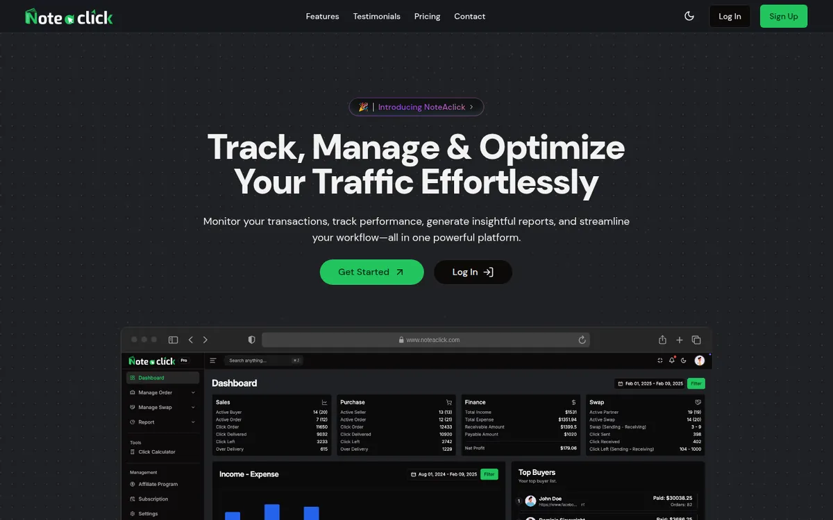 The NoteAClick homepage — Campaign tracking SaaS for solo-ads marketers.