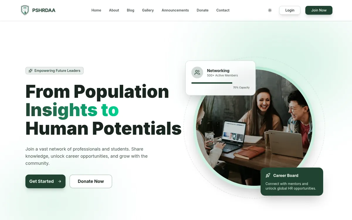 The PSHRDAA alumni platform homepage, a Next.js site we built and launched
